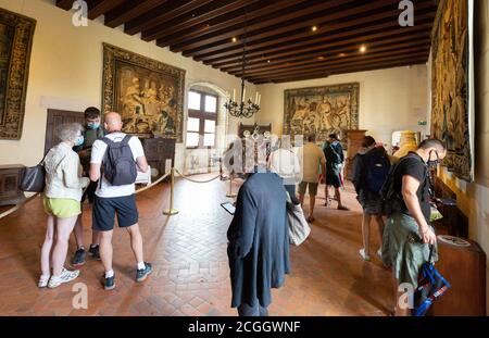 Tourisme d'Amboise - touristes dans la Grande chambre, une des chambres du château médiéval historique d'Amboise, Amboise, France Europe Banque D'Images