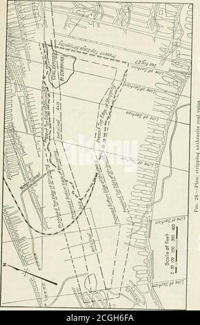. Extraction de pelles à vapeur, y compris une considération de pelles électriques et d'autres pelles hydrauliques dans l'exploitation minière à ciel ouvert . Figure 27.—stripping de la veine de charbon anthracite. Reste de charbon. Sur cette estimation dépend de sa profiterabilité, comme il a été entrepris principalement pour former un dernier barriercontre un feu qui fait rage à l'est de lui depuis des années. La veine a une épaisseur de 55 pieds et est sur un pas de 20°. Il a DES MÉTHODES D'ATTAQUE 133. 134 EXTRACTION DE LA PELLE À VAPEUR a été volé et re-volé, et volé à nouveau, mais en raison de son épaisseur et de pas peu pratique, ainsi que le temps de miningau début des années 50, il est pensé Banque D'Images