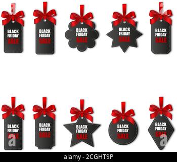 ensemble d'étiquettes de prix noires du vendredi avec boucles rouges et rubans Illustration de Vecteur