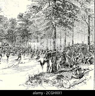 . Batailles et dirigeants de la guerre civile : être pour la plupart des contributions des officiers de l'Union et des Confédérés . ■&LT;&X- L'ARMÉE HALLECKS SUR LA MARCHE À CORINTHE. D'UNE LITHOGRAPHIE. MM AVEC PRIX À L'EST DU MISSISSIPPI. PAR LE COLONEL THOMAS L. SNEAD.j BEAUREGARD, retirant son armée en bon ordre du champ de Shiloh, a pris position une fois de plus dans les défenses de Corinthe, et a appelé à l'aide pour maintenir l'avance des forces de rassemblement rapide de Hallecks. Sur les 40 000 hommes qui avaient suivi Johnston jusqu'à la bataille, 30,000 étaient de nouveau dans les tranchées le 9 avril 1862. Van Dorn, après sa défaite à Banque D'Images