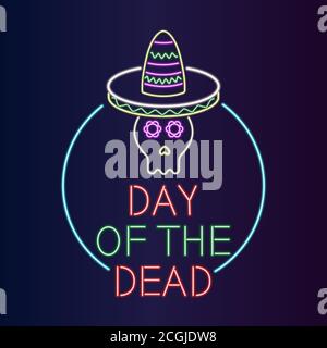 Design de bannière Day of the Dead Neon. Vecteur coloré Illustration de la fête mexicaine de nuit de vacances. Illustration de Vecteur