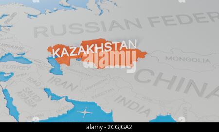 Le Kazakhstan est mis en évidence sur une carte blanche du monde en 3D simplifiée. Rendu 3D numérique. Banque D'Images