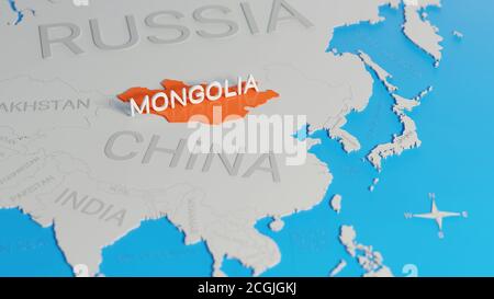 La Mongolie est mise en évidence sur une carte blanche simplifiée du monde en 3D. Rendu 3D numérique. Banque D'Images
