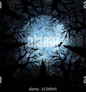 Halloween vacances bleu marine gris grunge fond avec pleine lune, silhouettes de chauves-souris et arbres morts terribles sur le ciel sombre de nuit sinistre. Halloween, ho Illustration de Vecteur