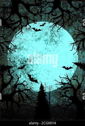 Halloween Holiday fond vertical de grunge lumineux avec pleine lune, silhouettes de chauves-souris et arbres morts terribles sur le ciel sombre de nuit sinistre. Halloween Illustration de Vecteur