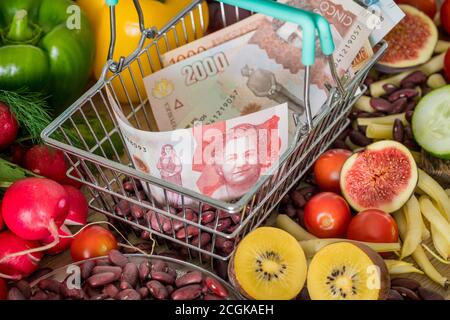 Panier avec de l'argent colombien pesos, autour des produits alimentaires, des légumes et des fruits. Le concept de l'inflation, la hausse des prix et plus cher f Banque D'Images