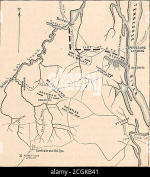 . Histoire de la guerre de Sécession . cked, la victoriousarmée qui prend alors sa ligne de mars au nord. OnJohnstons, en assumant le commandement principal, il a émis une tenue publicitaire, comme ce fut le cas à l'époque dans les armées du Confed-erate : on s'attend à ce que vous vous montriez vaillance et courage, digne des femmes du Sud, dont la noble dévotion dans cette guerre n'a jamais été dépassée à tout moment. Pittsburg Landing est une station de bateaux à vapeur sur la westbank de la rivière Tennessee, à 219 miles dis- Pittsburg Landing. . , » ., ,-, -, xxlj. tant de sa bouche, et près de l'intersection de Banque D'Images