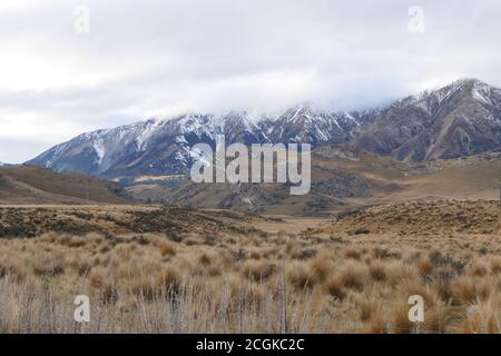 Magnifique paysage néo-zélandais avec pelouse rouge et neige montagnes couvertes Banque D'Images