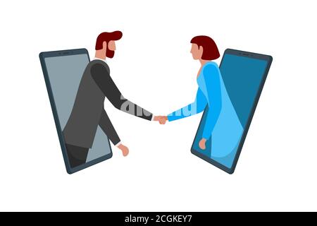 Homme d'affaires et femme se serrant la main à travers les écrans de smartphone comme accord de transaction en ligne. Réunion et établissement de liens sur le réseau de conférence mobile. Concept de négociations à distance pour deux personnes. Illustration vectorielle Illustration de Vecteur