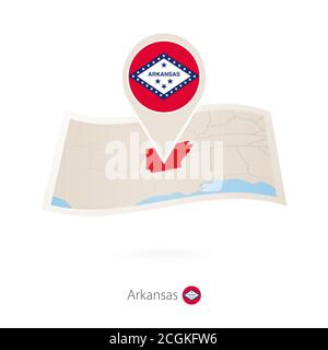 Carte papier pliée de l'État des États-Unis de l'Arkansas avec broche drapeau de l'Arkansas. Illustration vectorielle Illustration de Vecteur