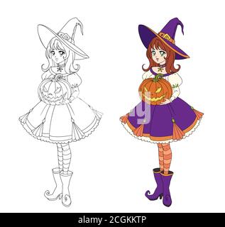 Belle sorcière de dessin animé tenant la citrouille d'Halloween. Cheveux rouges, robe pourpre et grand chapeau. Illustration vectorielle dessinée à la main pour livre de coloriage. Isolé sur W Illustration de Vecteur