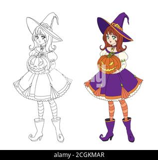 Belle sorcière de dessin animé tenant la citrouille d'Halloween. Cheveux rouges, robe pourpre et grand chapeau. Illustration vectorielle dessinée à la main pour livre de coloriage. Isolé sur W Illustration de Vecteur