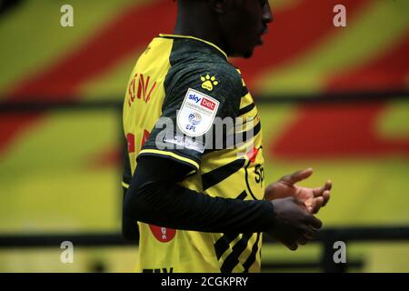 Une vue générale de la manche du maillot Domingos Quina de Watford pendant le match du championnat Sky Bet à Vicarage Road, Watford. Banque D'Images