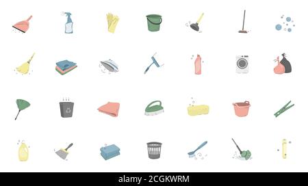 Kit d'illustrations de service de nettoyage. Blanchisserie et nettoyage à sec, produits de nettoyage Illustration de Vecteur
