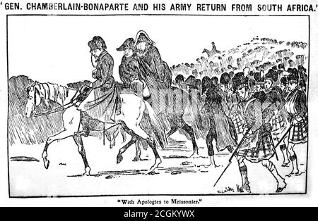 Un journal historique contemporain intitulé « Gen Chamberlain-Bonaparte et son armée reviennent d'Afrique du Sud avec la légende "avec excuses à Meissonier". Le croquis montre le secrétaire colonial britannique Joseph Chamberlain comme Napoléon à la tête d'une armée défaite, faisant référence à la retraite de moscou en 1812. Réimprimé du Amsterdam et publié dans le Daily Mail du 23 novembre 1899. Banque D'Images