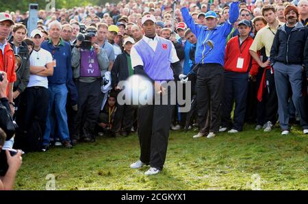 TIGER WOODS FRAPPE LE PHOTOGRAPHE DE MARQUER LA DOULEUR AVEC SON BALLON. LA RYDER CUP 2010, CELTIC MANOR, PAYS DE GALLES. 2/10/2010. CRÉDIT PHOTO : MARK PAIN / ALAMY Banque D'Images