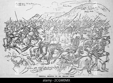 Une découpe de journal contemporain historique montrant une illustration par le correspondant de guerre Melton Priot intitulé 'bataille d'elands Laagte - charge de l'escadron 'C' des 5ème Lanciers' c.1899-1900. Le croquis montre des lanceurs britanniques qui chargent de traiter les soldats montés sur Boer. Les dessins d'origine des priors ont été retravaillés par R. Caton Woodville. Banque D'Images