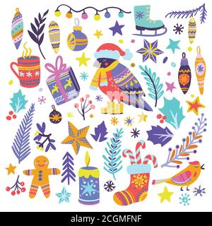 Noël douillet, joyeux nouvel an mignon illustration dessinée à la main. Grand ensemble d'éléments vectoriels pour les invitations et les cartes de vœux Illustration de Vecteur