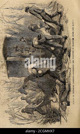 . Les incidents de la guerre civile en Amérique . sans le champ de bataille. A côté des blessés, qui sont transportés hors du champ, se trouvent les restes mortels d'un cheval et de son cavalier. Tous deux ont été tués, et jusqu'à ce que tous les blessés soient enlevés, ils doivent être découverts par la terre mère, à l'est pour les vautours et les bêtes de proie. C'est en contemplant des illustra-tions picturales comme celles-ci que nous sommes amenés à exclaquer M Oh war. Comment vous l'art terrible dans tous vos aspects ! La mort, la destruction et le mal, sous toutes formes et sous toutes formes, sont des gardiens de thyconstante ! Le cri jubilant de la victoire est étouffé par les moans Banque D'Images