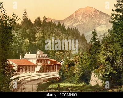 Gare de Brünig-Hasliberg sur le Brünigbahn, Meiringen, Col de Brünig, Oberland bernois, Suisse 1890. Banque D'Images