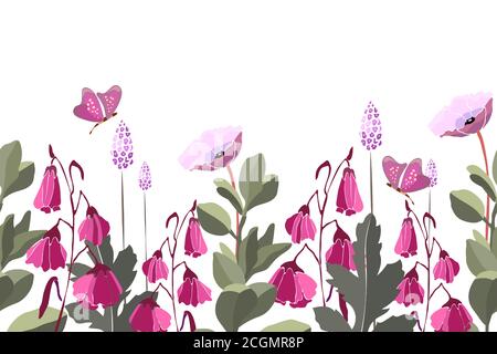 Motif fleuri vectoriel sans couture, bordure. Arrière-plan d'été avec des fleurs roses. Illustration de Vecteur