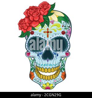 Dessin vectoriel du crâne mexicain, en commémoration du jour des morts, sur fond blanc Illustration de Vecteur