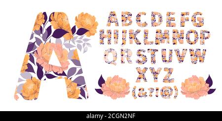 Alphabet floral vectoriel de A à Z. lettres avec fleurs. Majuscules. Illustration de Vecteur