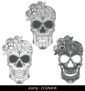 Conception vectorielle du crâne mexicain, en commémoration du jour des morts. Échelle de gris. Illustration de Vecteur