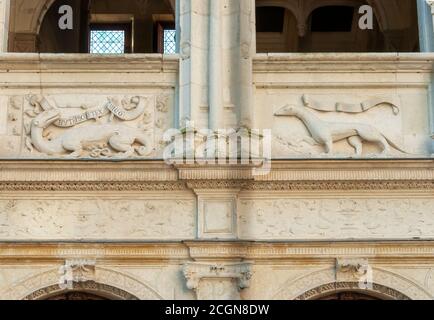 Azay-le-Rideau, France - 30 octobre 2013 : détail du château d'Azay-le-Rideau, un site du patrimoine de l'unesco. La bannière Salamander de Francis dit : « nourrir un Banque D'Images