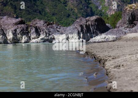 Côte rocheuse de pierre grise et ligne blanche en contrebas, lavée par la rivière de montagne pendant des millénaires avec plage de sable sur fond d'arbres verts sur les collines. Retour Banque D'Images