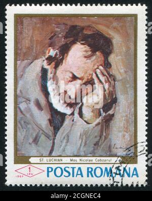 ROUMANIE - VERS 1968: Timbre imprimé par la Roumanie, montre le portrait du vieil homme Nicolae, par Stefan Luchian, vers 1968 Banque D'Images