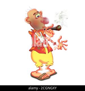 Un homme dans une chemise hawaïenne fume un cigare. Illustration sur fond blanc... Banque D'Images