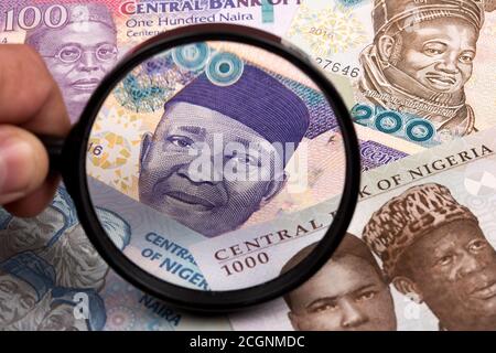 Nigeria argent dans une loupe un contexte d'affaires Banque D'Images