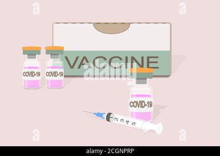 Seringue jetable de 5 mm, emballage du vaccin et trois flacons avec vaccin rose et inscription Covid-19 sur fond rose Illustration de Vecteur