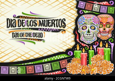 Carte de vœux vectorielle pour Dia de los Muertos avec espace de copie, mise en page de papier découpé décoratif avec illustration de crânes, drapeaux colorés et lettre unique Illustration de Vecteur