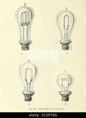 4 types d'ampoules d'Edison du Livre les merveilles de la science, ou Description populaire des inventions modernes [les merveilles de la science, ou Description populaire des inventions modernes] par Figuerer, Louis, 1819-1894 publié à Paris 1867 Banque D'Images
