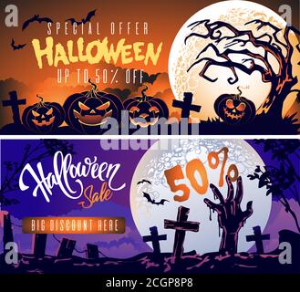 ensemble de bannières publicitaires pour halloween pour la couverture de page de médias sociaux et la bannière web. Promotion de rabais concept de marketing. Happy halloween cartes de voeux design Illustration de Vecteur