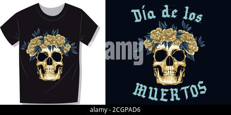 Crâne en métal avec couronne florale de roses dorées, modèle pour les histoires et les messages des médias sociaux, illustration. Ensemble d'étages et de cadres carrés de poteau. Illustration de Vecteur