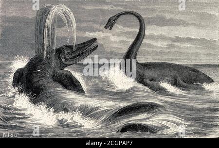 Une scène idéale de la période Lias avec deux sauropodes dans la mer. Gravure en bois par Eduard Riou Illustration du monde avant le Deluge de Louis Figuier, 1867 Banque D'Images