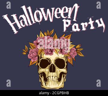 Banderole Halloween Party, crâne métallique avec couronne de fleurs roses dorées, pour le design d'affiche ou le concept de célébration de carte postale. Crâne comme décor avec fleurs Illustration de Vecteur