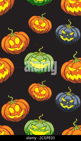 Motifs sans couture avec décoration Halloween citrouilles visages drôles et créepeux, motif sans couture avec symbole de fête stylisé Illustration de Vecteur