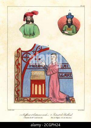 Costumes et chapeaux de sexe masculin, d'un psalter du XIe siècle. Portrait de Peter Abelard, philosophe français, théologien et logicien, v.1079-1142. Présentée à genoux dans la prière à partir d'un vitrail à notre Dame de Chartres. Coiffures et costumes civils (Psautier du XIE siecle BDM), Portrait d’Abeillard (Vitre de l’lunettes ND de Chartres). Lithographie colorée à la main par villain d'après une illustration par Horace de Viel-Castel de sa Collection des costumes, armes et meubles pour servir à l'histoire de la France (Collection de costumes, armes et meubles à utiliser dans l'histoire de la France), Teuttel Banque D'Images