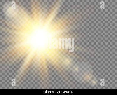 Lumière du soleil. Effet lumineux doré sur fond transparent. Soleil aux rayons. Flash d'objectif Sunlight. Bannière magique. Toile de fond ensoleillée en été. Vecteur Illustration de Vecteur