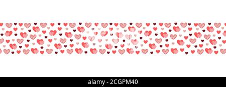 Bannière longue en forme de coeur. Bordure dessinée à la main. Papier cadeau Saint-Valentin. Confettis en forme de coeur aux couleurs vives. Papier peint romantique avec symbole de l'amour Illustration de Vecteur
