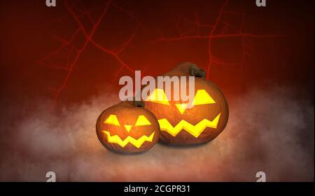 lanternes de citrouille d'halloween crépettes sur fond rouge abstrait Banque D'Images