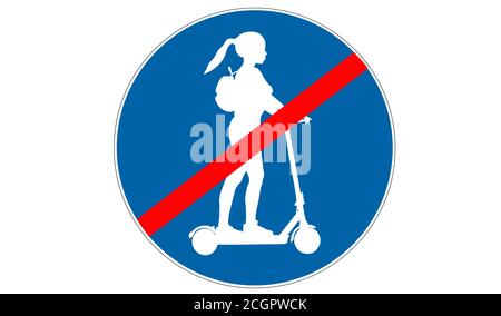 Signalisation routière interdisant le scooter électrique. Image d'une femme sur un scooter électrique avec un sac à dos. Route bleue. Illustration d'une mesure électrique non autorisée Banque D'Images