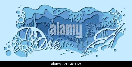 modèle pour la fabrication d'une lampe ou d'une carte postale. image vectorielle pour la découpe au laser et l'impression d'un traceur. faune avec animaux marins et mouillage. Illustration de Vecteur