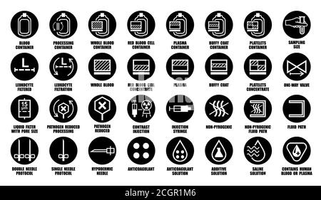 L'ensemble vectoriel complet d'icônes d'emballage pour les dispositifs médicaux contient du sang humain, des cellules, du plasma, des plaquettes et des leucocytes. Pictogrammes d'emballage noirs isolés sur Illustration de Vecteur