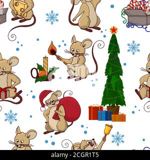 Illustration vectorielle sans couture d'un joli personnage de souris qui sonne la cloche sur fond turquoise. Illustration vectorielle de la série de dessins animés.vacances d'hiver, Chris Illustration de Vecteur