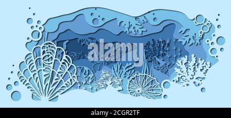 modèle pour la fabrication d'une lampe ou d'une carte postale. image vectorielle pour la découpe au laser et l'impression d'un traceur. faune avec animaux marins et mouillage. Illustration de Vecteur
